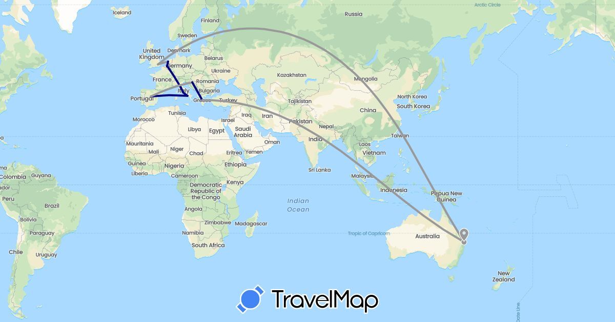 TravelMap itinerary: driving, plane in Australia, Belgium, Spain, United Kingdom, Greece, Croatia, Italy, Netherlands (Europe, Oceania)